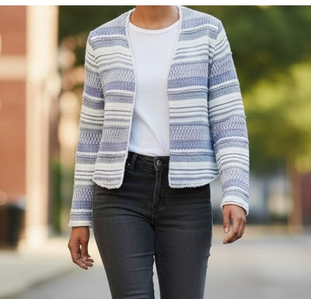 Emma & Olivia Women's Short Blazer Jacket Size M Blue White Striped